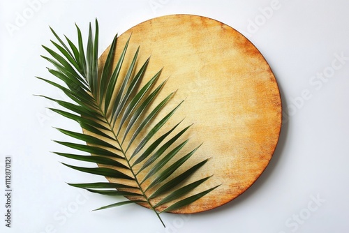 Bright yellow circle surrounded by lush green pine branches on a white surface