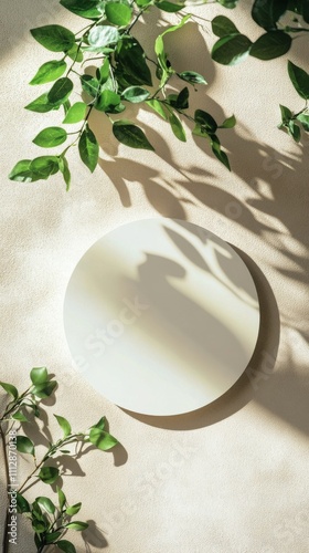 Circle on a cream surface surrounded by green leaves creates a serene atmosph...