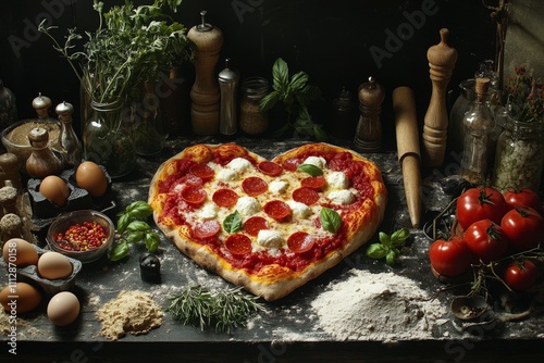 Heart shaped pizza preparation with fresh ingredients and baking tools on a d...