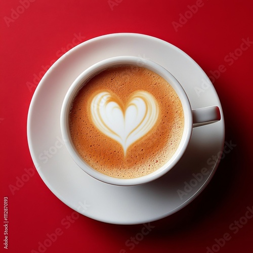 Warm coffee cup with heart shaped foam art on a bright red background in cozy...