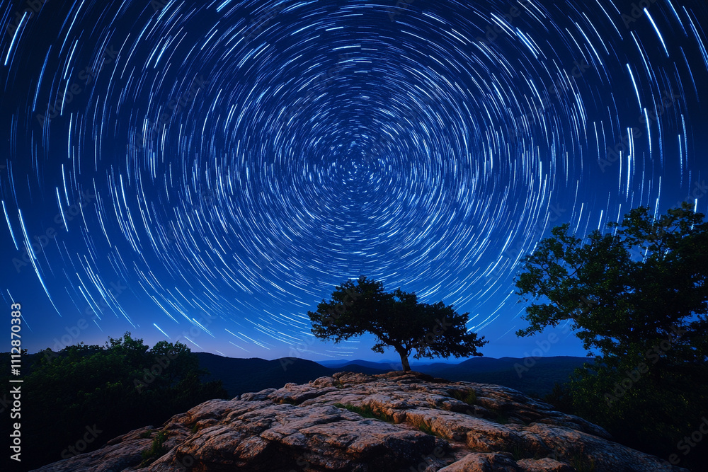 Fototapeta premium Star Trails Circle Above Mountaintop Tree