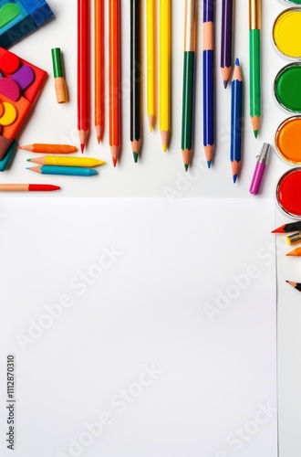 Colorful art supplies arranged on a bright surface ready for creative activities