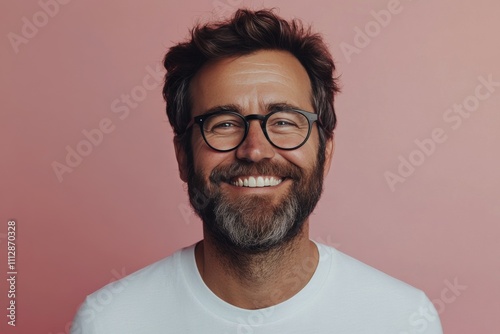 Smiling man with glasses in a casual outfit against a pink background