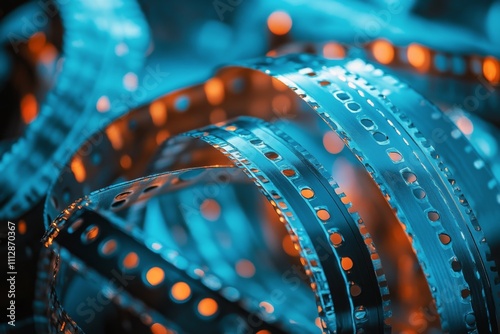 Film reels and light create an evocative atmosphere in a dark setting