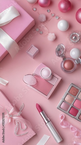 Beautiful collection of pink makeup and cosmetics arranged on a soft pink bac...