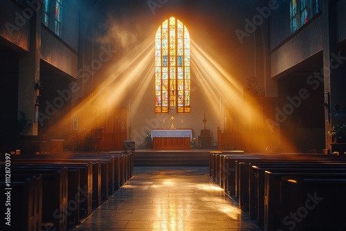 Sunlight streaming through stained glass windows in a serene church setting