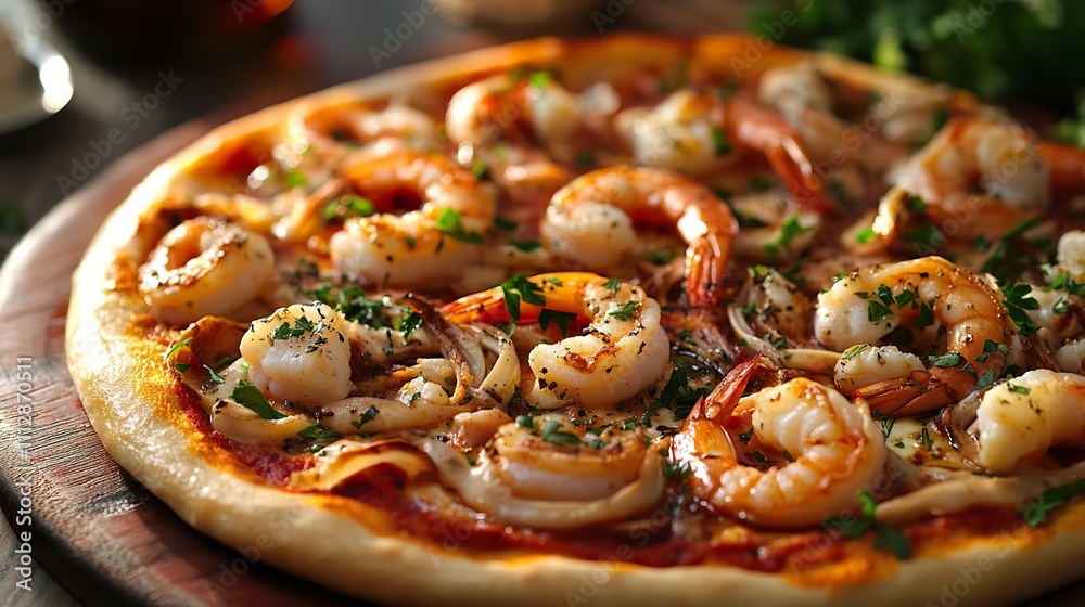 A seafood pizza adorned with shrimp, calamari, and fresh herbs. A seafood pizza adorned with shrimp, calamari, and fresh herbs.