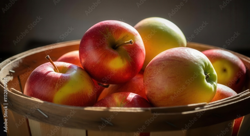 Fresh apples in wooden basket with warm sunlight Fresh apples in wooden basket with warm sunlight
