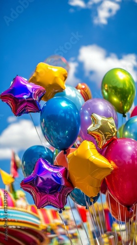 Colorful balloons decorate a festive amusement park under a bright blue sky