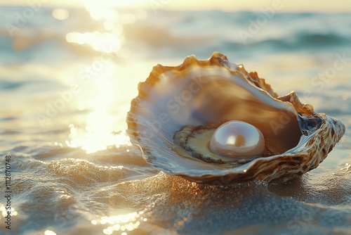 Coastal sunset reveals an oyster with a lustrous pearl on a sandy beach
