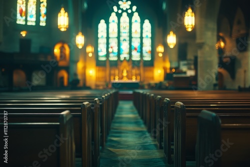 Beautiful interior of a historic church with stained glass windows and wooden...