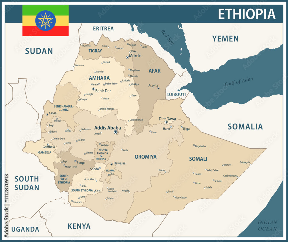 Ethiopia Map Vector Vintage Dark Blue Beige - Customizable layered political map of Ethiopia with administrative divisions for website, education, reports, news, politics, print, poster and wallpaper