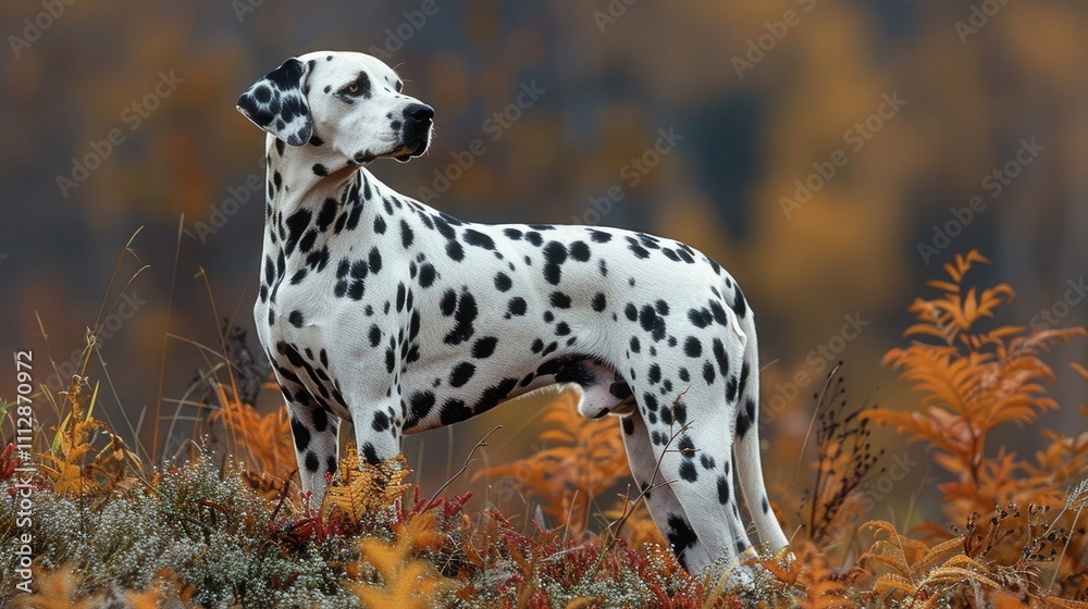 A Dalmatian dog stands in an autumnal landscape, surrounded by colorful foliage. A Dalmatian dog stands in an autumnal landscape, surrounded by colorful foliage.