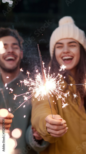 Group of young adults celebrating New Year with sparklers outdoors, joyful winter scene