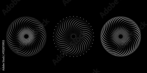 Set of white dotted curvy lines in circle form. Geometric art. Halftone dots. Trendy design element for logo, tattoo, sign, symbol, web, prints, posters, social media, template, pattern, backdrop