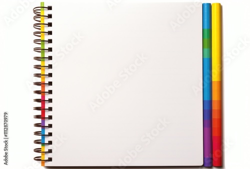 Blank spiral notebook with colorful pens ready for creative note taking or dr...