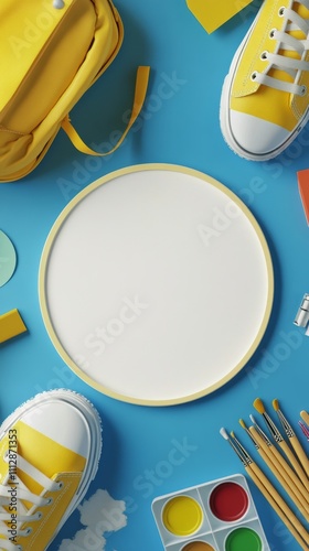 Creative workspace featuring art supplies and blank canvas on vibrant blue ba...