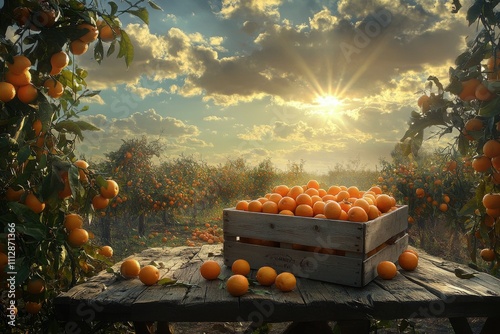 Golden oranges harvested at sunset in a tranquil orchard landscape