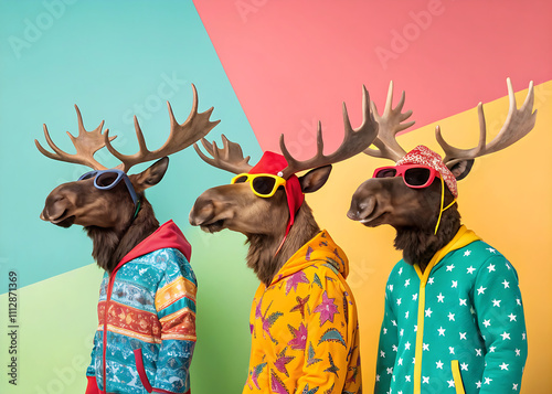 Creative animal concept. Group of moose in funky Wacky wild mismatch colourful outfits on bright background advertisement, copy space. christmas party invite invitation banner