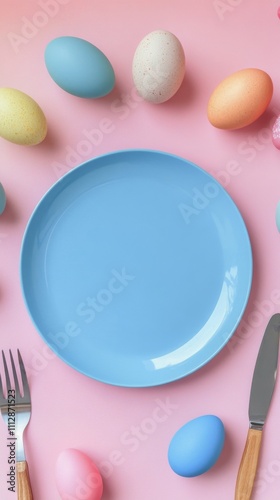 Colorful spring table setting featuring pastel eggs and natural decor surroun...