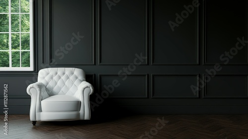 Elegant white armchair in modern dark interior setting