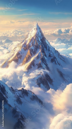 Majestic mountain peak rises above clouds under a bright blue sky