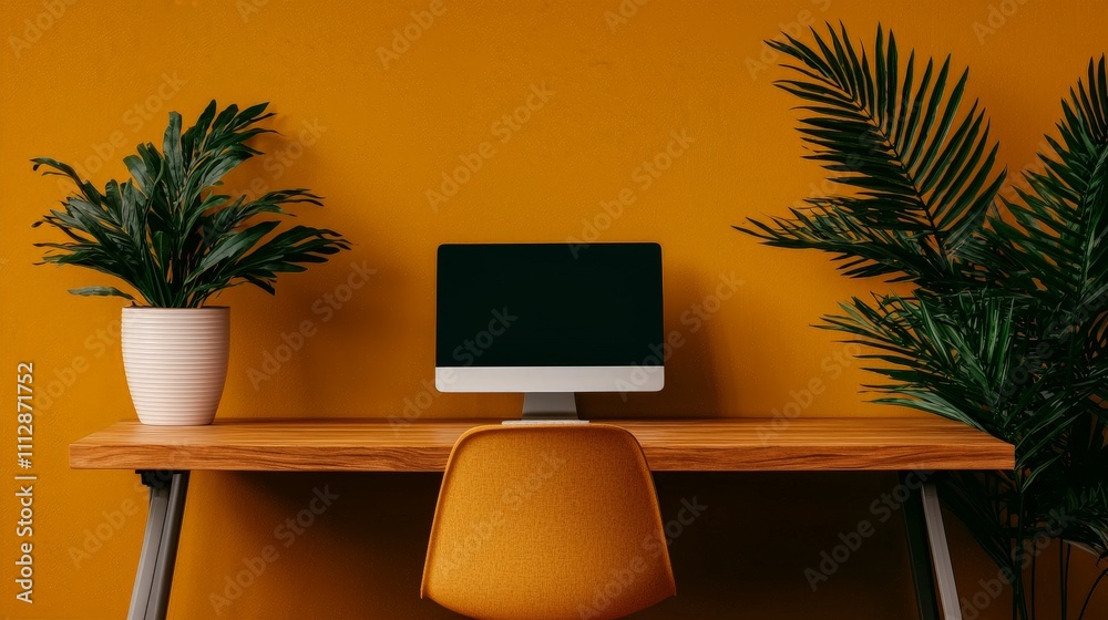 Modern minimalist home office workspace with computer, plants, and yellow chair against mustard yellow wall. Modern minimalist home office workspace with computer, plants, and yellow chair against mustard yellow wall.