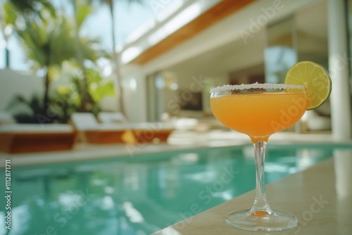 Refreshing cocktail by a serene pool in a luxurious setting during sunny daytime