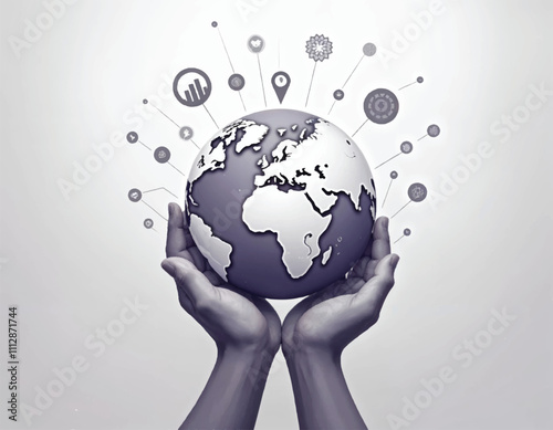 vector of a person hands holding a globe with the world on it and symbols of different cultures