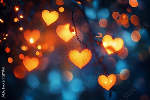 Colorful heart shaped bokeh lights with rain droplets on a window at night