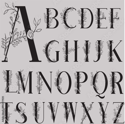 Vector Hand Drawn Floral Alphabet Monograms or Logos. Letters with Flowers and Branches. Cherry Blossom. Flowered Design Elements. Brand Identity