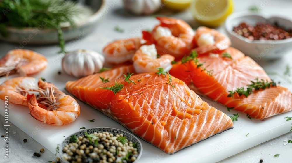 A flat lay of assorted fresh seafood, including salmon, shrimp, and scallops, on a white table. Healthy and nutritious A flat lay of assorted fresh seafood, including salmon, shrimp, and scallops, on a white table. Healthy and nutritious