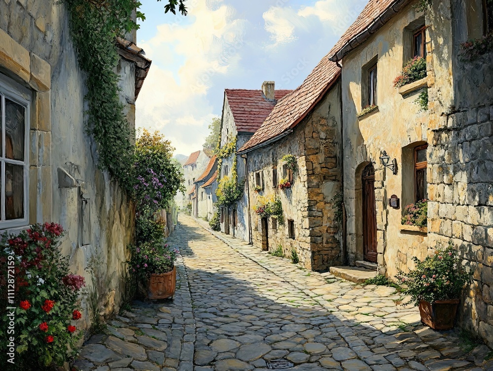 Fototapeta premium Sunlit cobblestone street, charming stone houses, vibrant flowers.