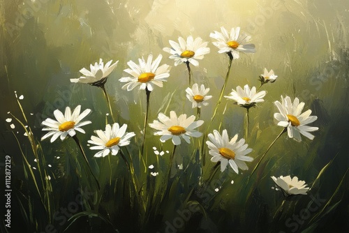 Fresh artificial grass adorned with vibrant daisies in a serene outdoor space