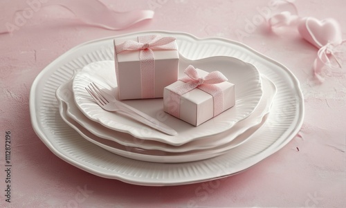 Creative heart shaped plate setting for a special celebration with gift box a...