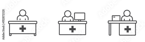 clinic reception desk line icon set. hospital receptionist and doctor office. isolated vector images in simple style