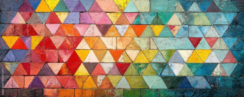 Colorful brick wall with geometric triangle patterns and vibrant hues Colorful brick wall with geometric triangle patterns and vibrant hues
