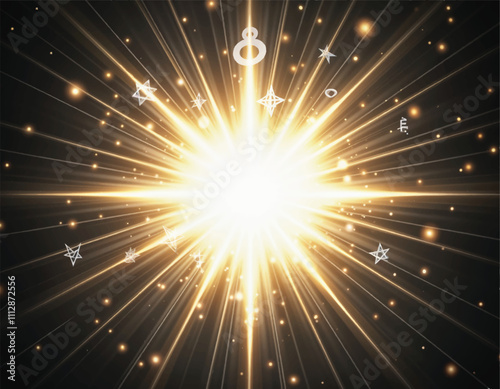 vector of a bright glowing golden star burst with rays and glowing religious symbols on dark sky