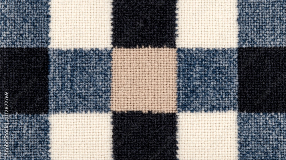 Close-up of textured fabric with a checkered pattern in beige, blue, and black.