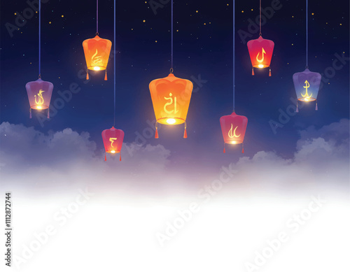 a bunch of paper lanterns with religious symbols floating in the night sky with stars and clouds