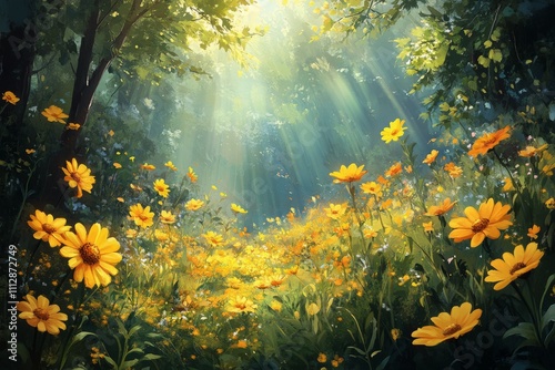 Sunlight filters through trees over a field of vibrant yellow flowers in a se...