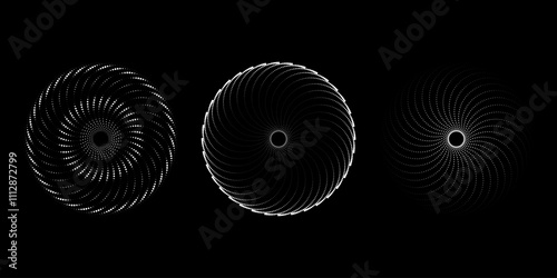 Set of white dotted curvy lines in circle form. Geometric art. Halftone dots. Trendy design element for logo, tattoo, sign, symbol, web, prints, posters, social media, template, pattern, backdrop