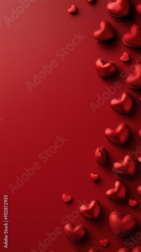 Vibrant heart shaped decorations scattered on a rich red background for festi...