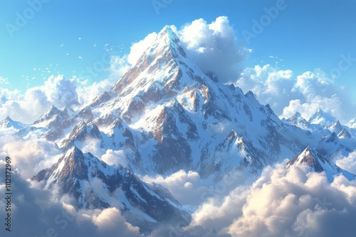 Snow covered mountain peaks rise majestically against a clear blue sky filled...