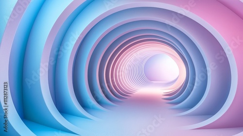 A pink and blue tunnel with a light at the end