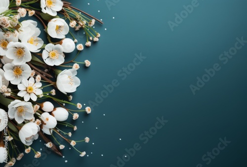 Beautiful white flowers arranged artistically on a dark blue background for d...