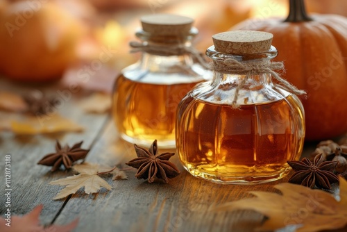 Autumnal display of spiced pumpkin essence with decorative leaves and warm li...