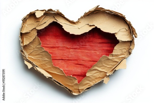 A heart shape constructed from crumpled brown paper reveals a vibrant red fab...