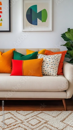 Modern living room with colorful cushions on a white sofa against an orange wall