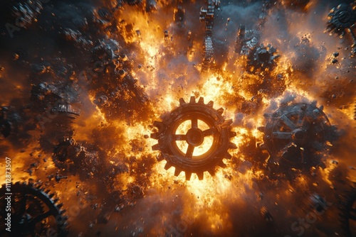 Explosive scene of gears and flames in chaotic cosmic environment at twilight